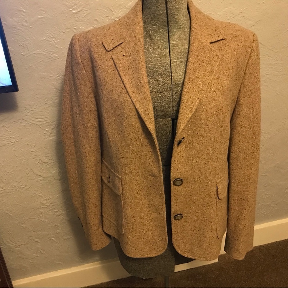 Vintage  Tan L.L. Bean Wool Silk Blazer / Collared Long Sleeve Formal Brown